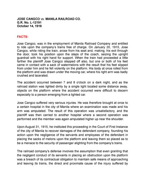[CASE DIGEST] JOSE CANGCO v. MANILA RAILROAD CO. (G.R. No. L.